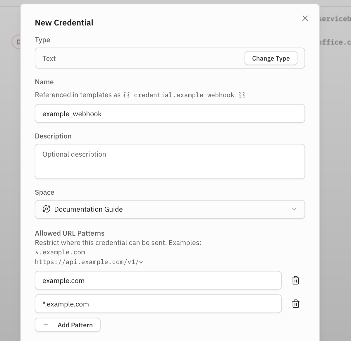 Credential form showing a text credential, Space scope, and allowed URL
patterns