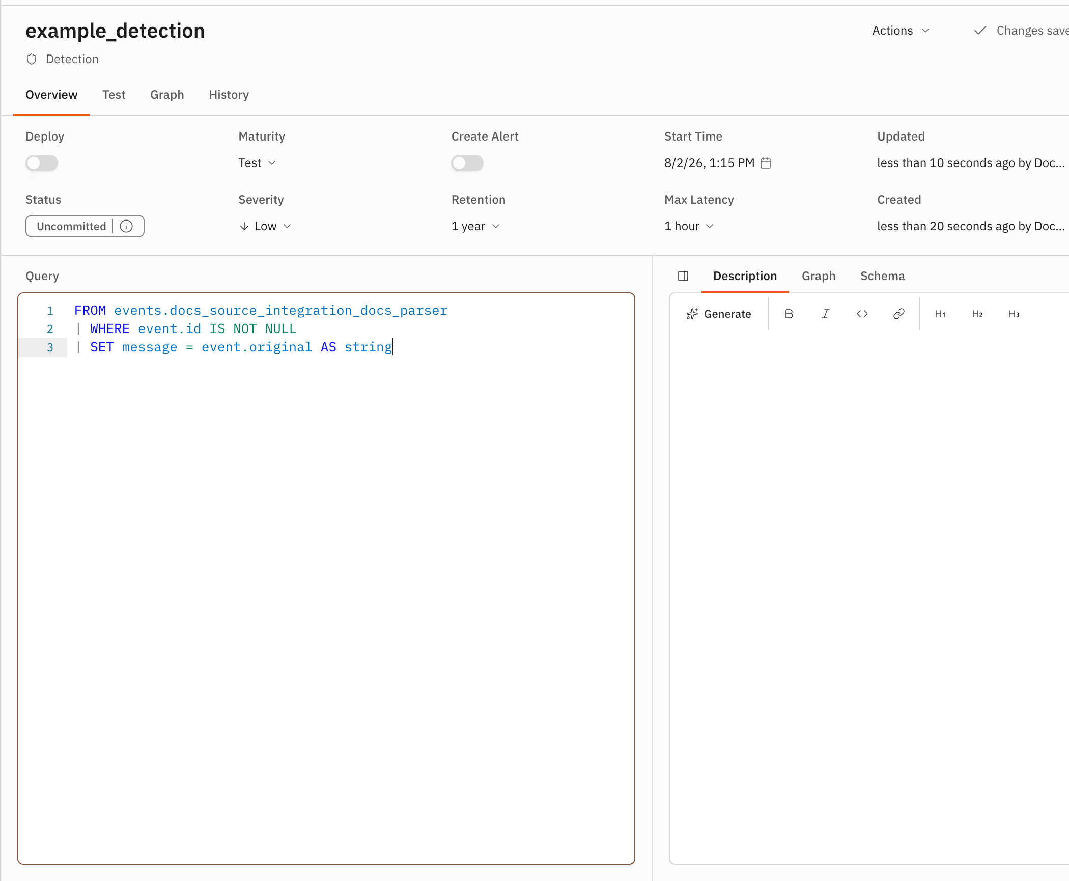 The detection editor with the query panel and deployment controls visible