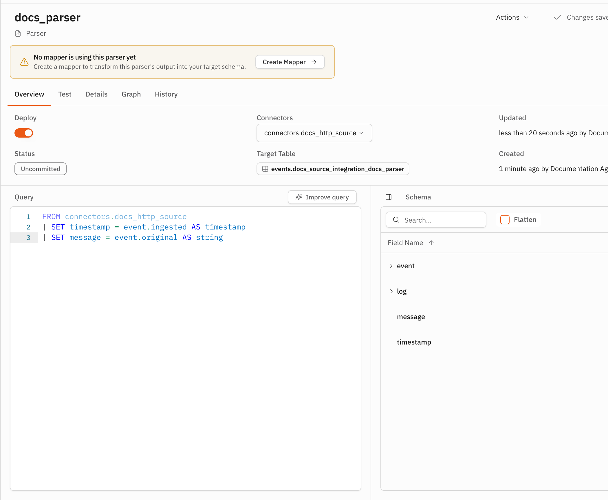 The parser Overview tab with the Simba query action visible