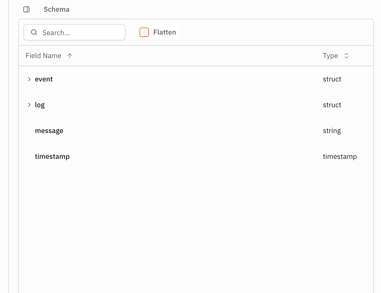 The parser Schema panel showing typed output fields available to a mapper