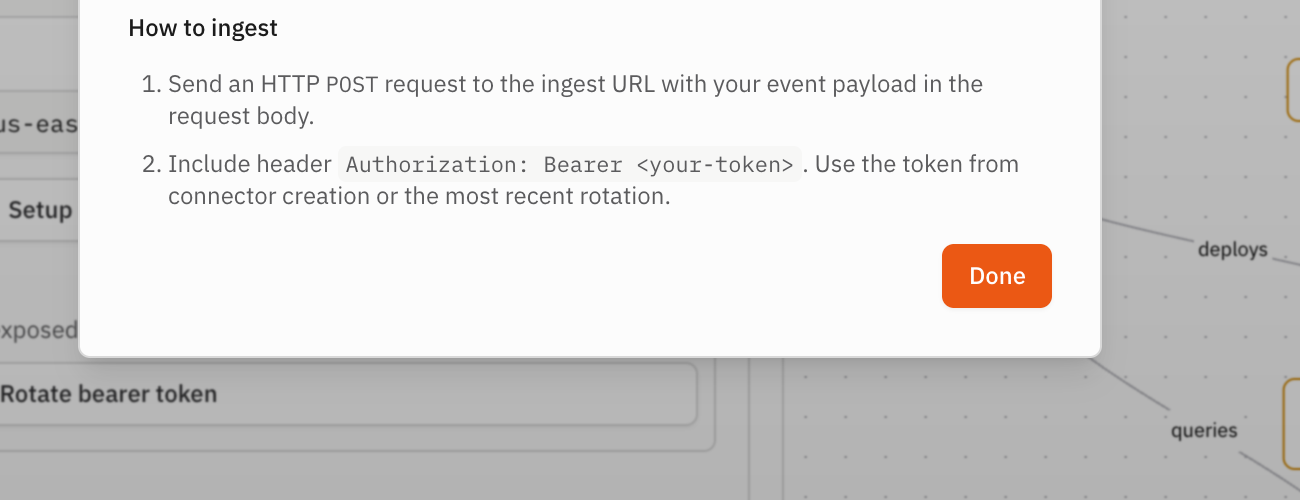 The HTTP Source connector page with setup instructions and bearer-token
controls