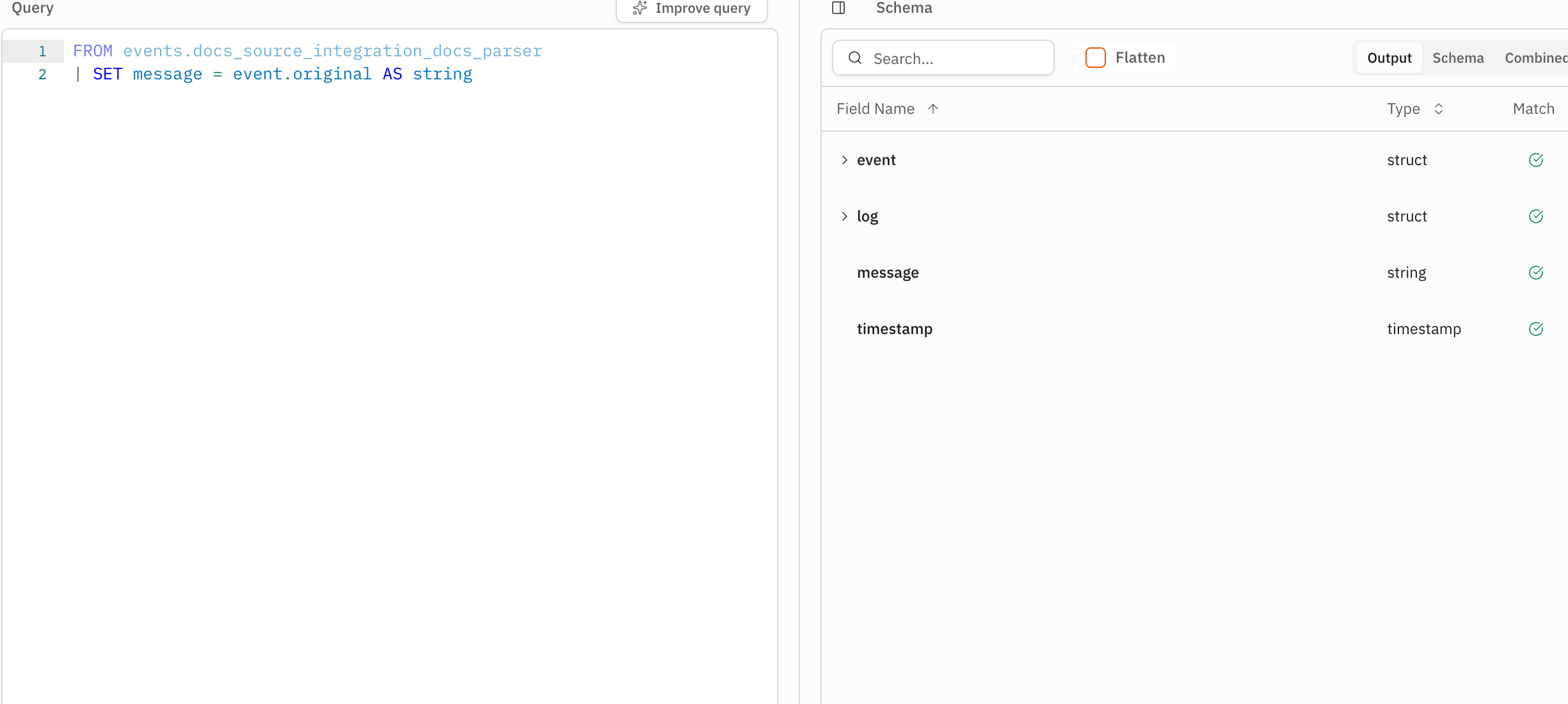 A mapper query beside the ECS Schema panel with valid field assignments