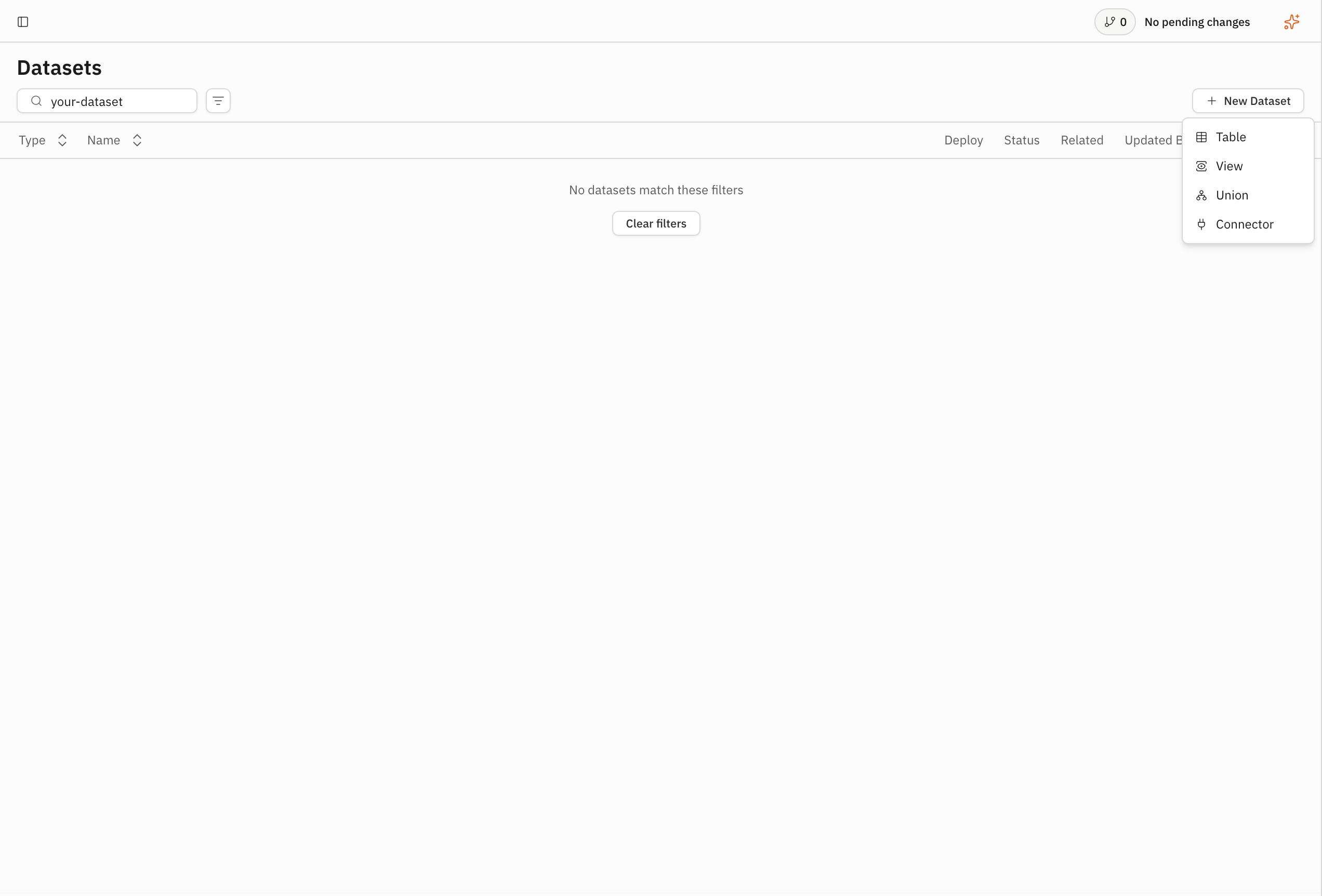 The Datasets page with the New Dataset menu open and Connector visible