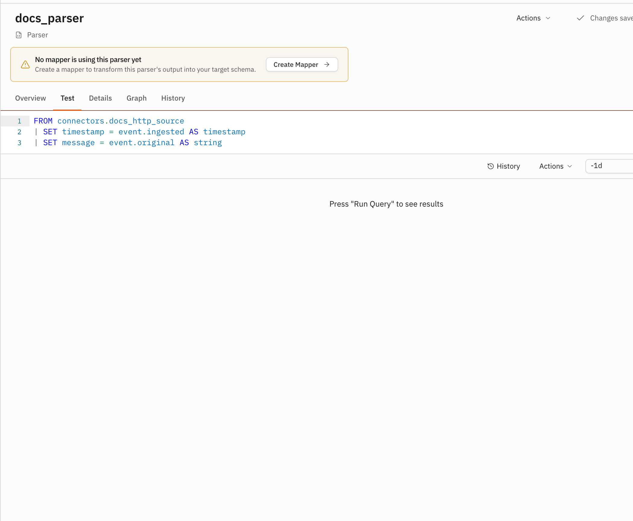The parser Test tab with the connector query and Run control visible
