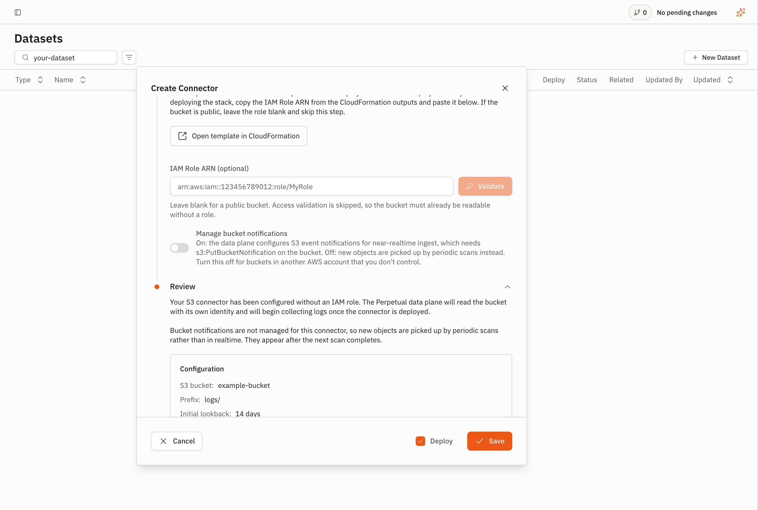 The S3 connector Review section showing the saved configuration and Save
action