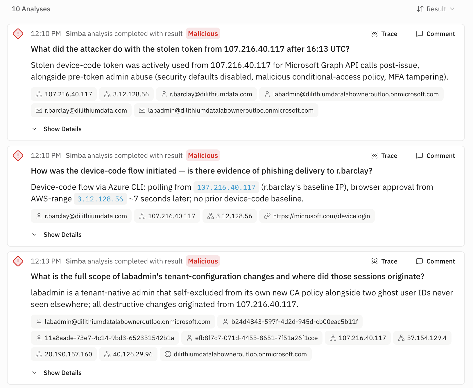 Analysis tab showing Simba result cards with response summaries, entities, and
Show Details controls
