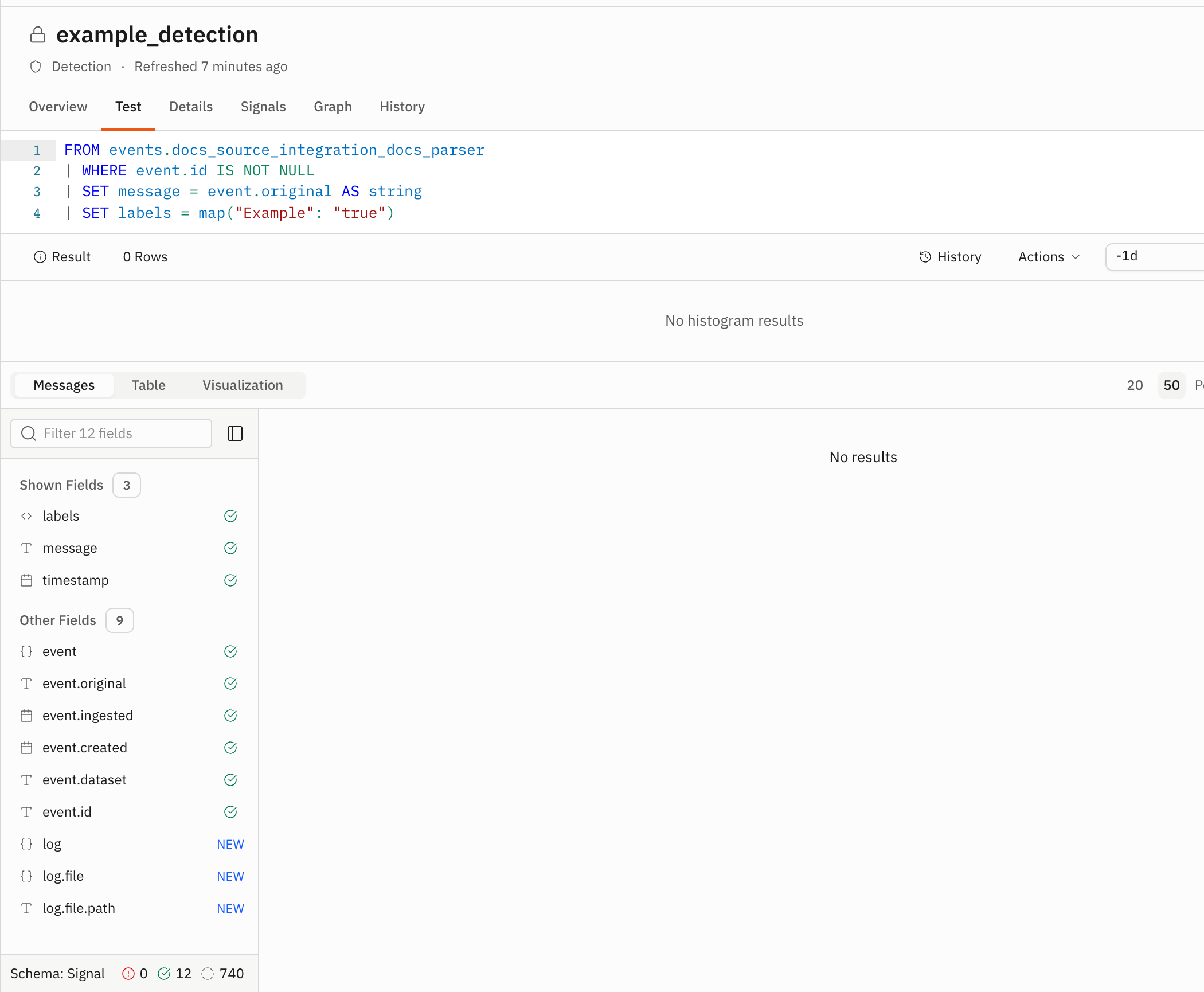 The detection Test tab after a query run, with the result status and empty
table visible
