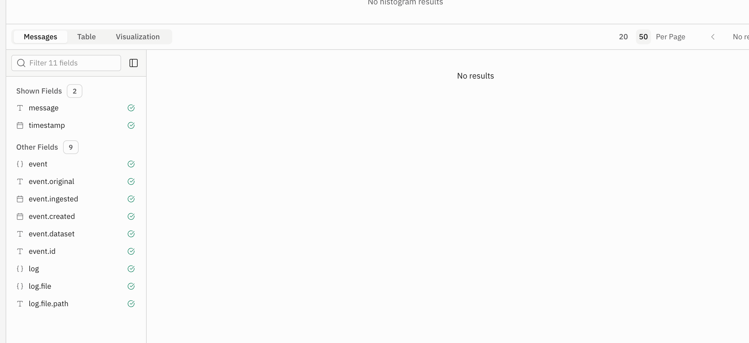 The mapper Test tab showing the available field list and an empty result
state