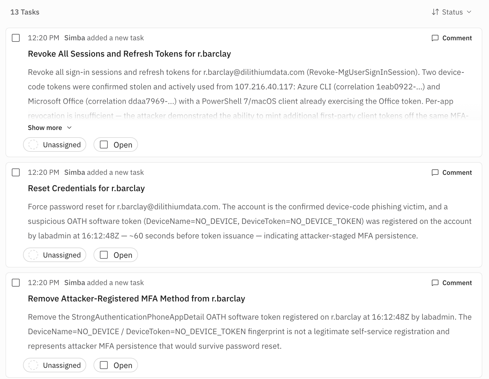 Tasks tab showing Simba response actions with descriptions, assignees, and
status controls