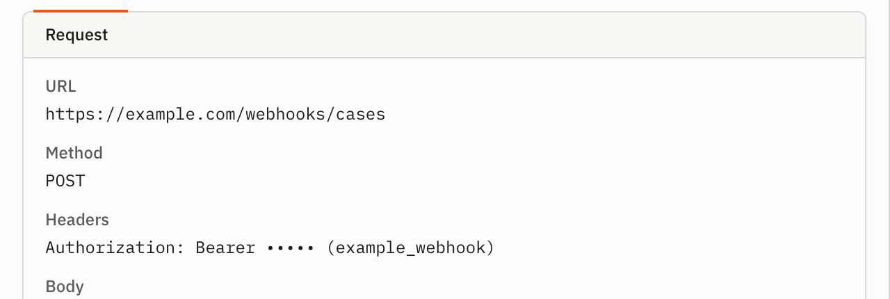 Preview showing the configured HTTPS URL, POST method, and masked
Authorization header